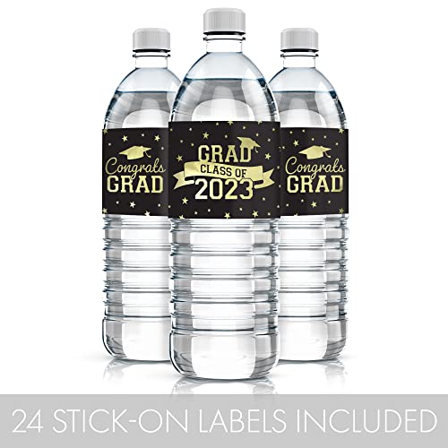 Graduation Water Bottle Labels Class of 2023 - Water Bottle Waterproof Wrappers - School Colors - 24 Stickers (Gold Black)