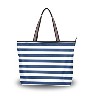 bolaz tote bag with zipper for women navy blue white striped handbags pockets shoulder bag work large travel office business