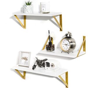 Y&M Floating Wall Shelves, Set of 3 Rustic Pine Wood Wall Mounted Shelf with Gold Metal Brackets, Decorative Storage for Bedroom, Bathroom, Modern Kitchen Living Room Storage & Decoration - White