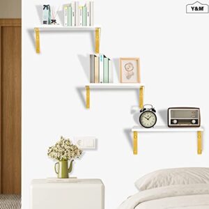 Y&M Floating Wall Shelves, Set of 3 Rustic Pine Wood Wall Mounted Shelf with Gold Metal Brackets, Decorative Storage for Bedroom, Bathroom, Modern Kitchen Living Room Storage & Decoration - White