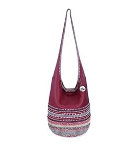 the sak back to bali 120 hobo bag in leather & hand-crochet, large shoulder purse, crimson seminyak