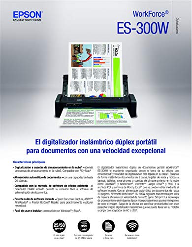 Epson WorkForce ES-300W Wireless Color Portable Document Scanner with ADF for PC and Mac, Sheet-fed and Duplex Scanning