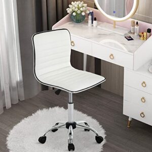 small task chair for women, low back armless pu leather ribbed computer executive cute desk chair with wheels, rolling chair vanity makeup chair silla para mujer for office vanity makeup room