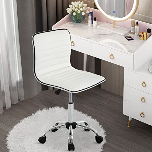 Small Task Chair for Women, Low Back Armless PU Leather Ribbed Computer Executive Cute Desk Chair with Wheels, Rolling Chair Vanity Makeup Chair Silla Para Mujer for Office Vanity Makeup Room