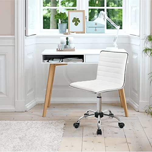 Small Task Chair for Women, Low Back Armless PU Leather Ribbed Computer Executive Cute Desk Chair with Wheels, Rolling Chair Vanity Makeup Chair Silla Para Mujer for Office Vanity Makeup Room