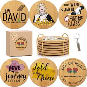 funny bamboo coasters for drink, tv show merchandise gifts, set of 6 cute coasters with holder and keychain for fans, friends, additional coffee table decor, housewarming gifts for new home, birthday