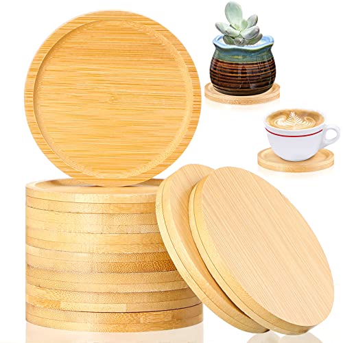 10 Pieces 3.74 Inch Round Bamboo Coaster Drink Small Bamboo Saucers Plant Trays Tabletop Planters Protection Decoration