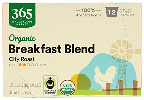 365 by Whole Foods Market, Coffee Breakfast Blend City Roast Pods Organic 12 Count, 4.6 Ounce (Packaging May Vary)