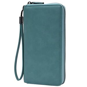women’s rfid blocking leather zip around wallet large phone holder clutch travel purse wristlet (purist blue)