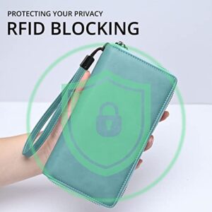 Women's RFID Blocking Leather Zip Around Wallet Large Phone Holder Clutch Travel Purse Wristlet (Purist Blue)