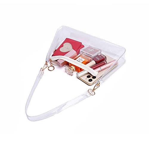 Clear Purses for Women Stadium, Cute Clear Purse Stadium Approved, Clear Shoulder Bag Small Clear Clutch Purse Hobo Bag with Zipper Closure (White)