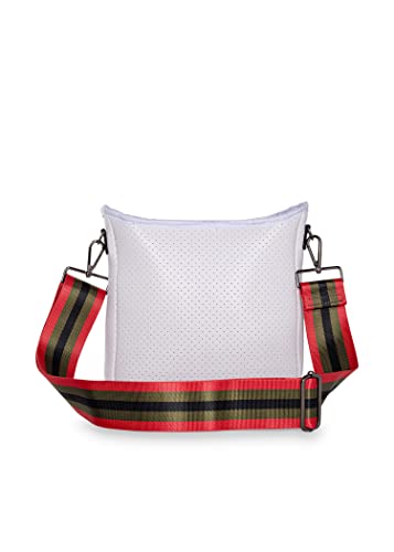 Haute Shore - Jeri Trento Crossbody Tote, White Coated W/Red, Black, & Green Stripe