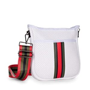 Haute Shore - Jeri Trento Crossbody Tote, White Coated W/Red, Black, & Green Stripe