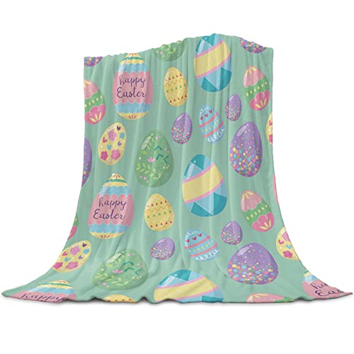 Fantasy Staring Happy Easter Throw Blanket - Easter Day Colorful Eggs Flannel Blanket Flowers Spring Microfiber Blanket Soft, Cozy, Comfy Throw for Sofa Couch Bed, 40 x 50 inch (Green)