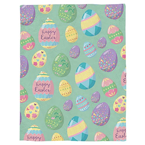 Fantasy Staring Happy Easter Throw Blanket - Easter Day Colorful Eggs Flannel Blanket Flowers Spring Microfiber Blanket Soft, Cozy, Comfy Throw for Sofa Couch Bed, 40 x 50 inch (Green)