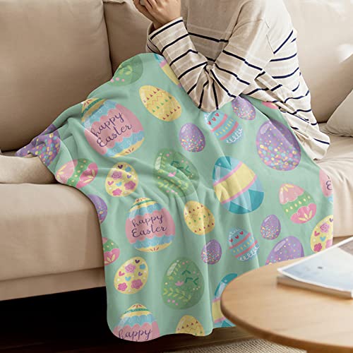 Fantasy Staring Happy Easter Throw Blanket - Easter Day Colorful Eggs Flannel Blanket Flowers Spring Microfiber Blanket Soft, Cozy, Comfy Throw for Sofa Couch Bed, 40 x 50 inch (Green)