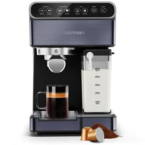 chefman 6-in-1 espresso machine with steamer, automatic one-touch coffee maker, single or double shot cappuccino machine, latte maker, espresso maker with milk frother, black