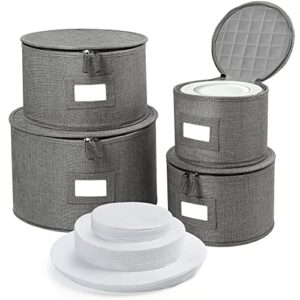 lotfancy china storage containers, hard shell, 4pcs set, dish storage box for moving, stackable dinnerware plate organizer bins with 48 felt dividers, grey