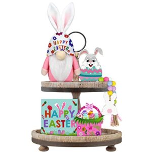 5 pcs easter gnome tiered tray decor (tray not included) – gnomes plush, happy easter egg mini wood sign, wooden bunny bead garland – spring easter gift, easter day party decor for home kitchen