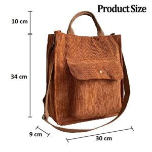 JELLYEA Women's Corduroy Shoulder Bag, Fashionable Crossbody Bag Handbags, Large Capacity Shopping Tote Bag with Zipper and Outer Pocket (Brown)
