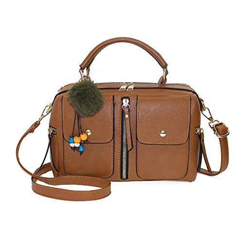 Women Crossbody Shoulder Bag,Leather Handbag Shoulder Bag Crossbody Purse with Plush Decoration (Brown)