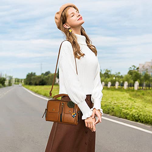 Women Crossbody Shoulder Bag,Leather Handbag Shoulder Bag Crossbody Purse with Plush Decoration (Brown)