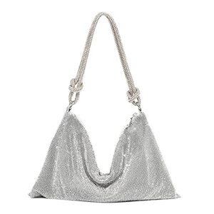 fonzci rhinestone purses for women, silver crystal evening bags shiny hobo bag for evening party club bling wedding travel proms gifts purse shoulder bag