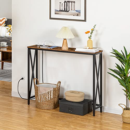 ALLOSWELL Console Table with Power Outlet, 39.4" Narrow Sofa Table, Farmhouse Table Behind Sofa Couch with USB Ports, Sturdy and Durable, for Entryway, Living Room, Foyer, Rustic Brown CTHR8101