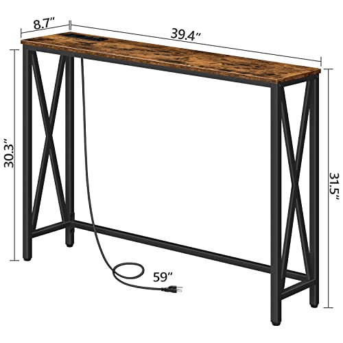 ALLOSWELL Console Table with Power Outlet, 39.4" Narrow Sofa Table, Farmhouse Table Behind Sofa Couch with USB Ports, Sturdy and Durable, for Entryway, Living Room, Foyer, Rustic Brown CTHR8101