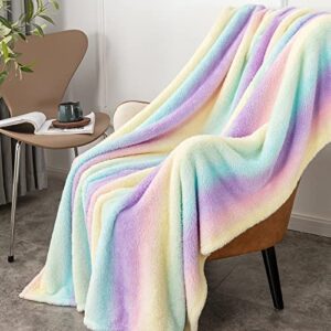 daysu sherpa fleece blanket, throw blanket for couch, sofa, bed, lightweight soft cozy warm fuzzy blankets for camping, picnic, travel, rainbow print, 50” x 60”