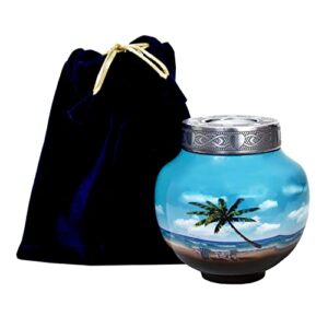 hlc beach urn blue palm tree design cremation urns for human ashes medium funeral urn – modern beautiful memorial urn 6 x 5