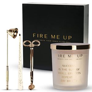 fire me up apple 8 oz soy candle with metal wick trimmer, snuffer, wick dipper gift set, motivational soy candle, cotton wicked candles with reusable glass jar for birthday mother’s day gift