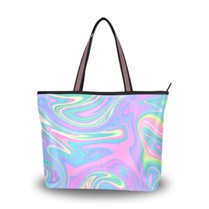 bolaz tote bag with pockets for women rainbow marble holographic shoulder bag handbags zipper small travel office business