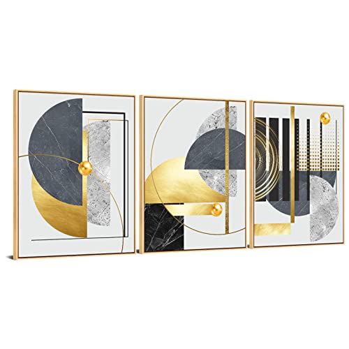 3Pcs Large Size Canvas Wall Art, Grey Black and Gold Foil Wall Decor, Nordic Luxury Gold Framed Painting Print, Abstract Geometric Art Poster for Living Room Bedroom Home Hallway Decor 16 * 24 Inch