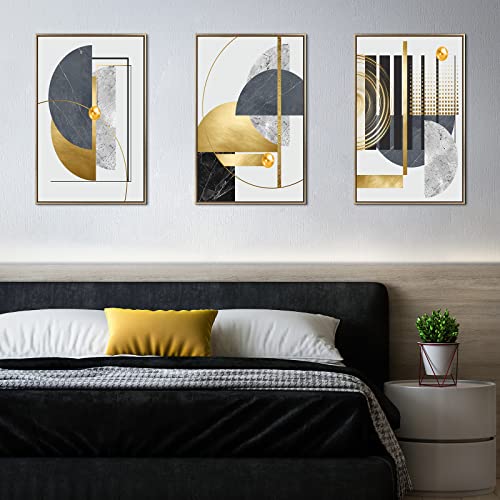 3Pcs Large Size Canvas Wall Art, Grey Black and Gold Foil Wall Decor, Nordic Luxury Gold Framed Painting Print, Abstract Geometric Art Poster for Living Room Bedroom Home Hallway Decor 16 * 24 Inch