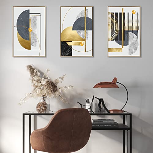 3Pcs Large Size Canvas Wall Art, Grey Black and Gold Foil Wall Decor, Nordic Luxury Gold Framed Painting Print, Abstract Geometric Art Poster for Living Room Bedroom Home Hallway Decor 16 * 24 Inch