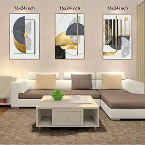 3Pcs Large Size Canvas Wall Art, Grey Black and Gold Foil Wall Decor, Nordic Luxury Gold Framed Painting Print, Abstract Geometric Art Poster for Living Room Bedroom Home Hallway Decor 16 * 24 Inch