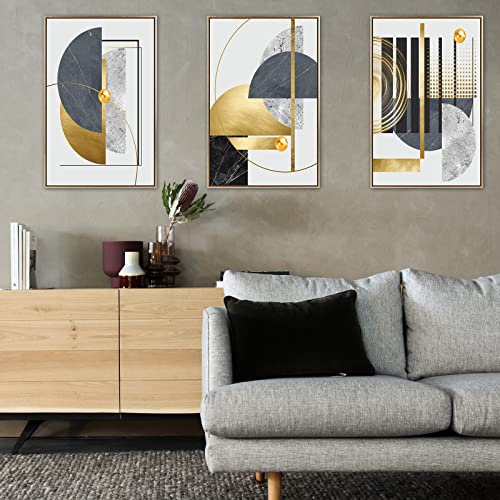 3Pcs Large Size Canvas Wall Art, Grey Black and Gold Foil Wall Decor, Nordic Luxury Gold Framed Painting Print, Abstract Geometric Art Poster for Living Room Bedroom Home Hallway Decor 16 * 24 Inch