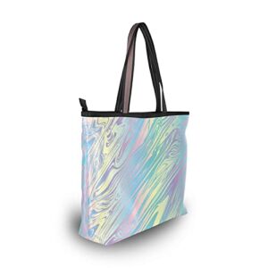 Bolaz Tote Bag with Pockets for Women Rainbow Marble Colorful Art Shoulder Bag Handbags Zipper Work Small Travel Office Business