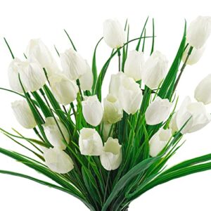 ruidazon 6 bundles tulips artificial flowers,30 heads outdoor artificial tulip faux plastic greenery shrubs plants uv resistant for easter home outside garden porch window decor (white)