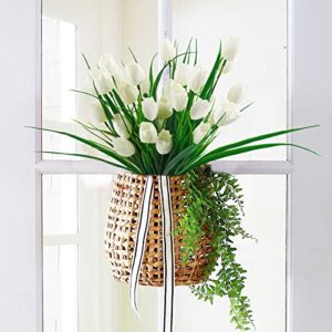 Ruidazon 6 Bundles Tulips Artificial Flowers,30 Heads Outdoor Artificial Tulip Faux Plastic Greenery Shrubs Plants UV Resistant for Easter Home Outside Garden Porch Window Decor (White)