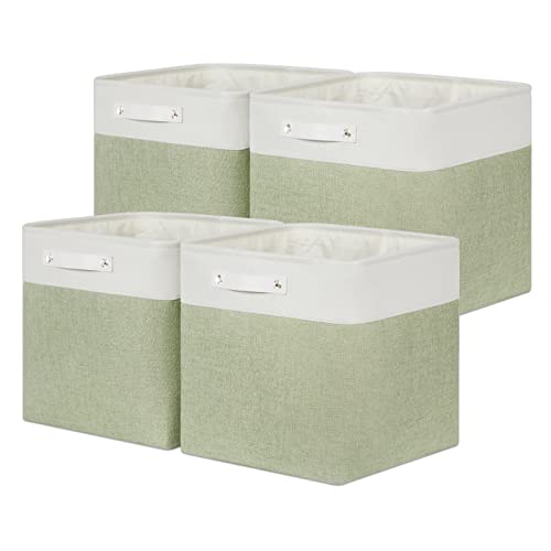 Bidtakay Storage Baskets for Clothes Set of 4 Large Linen Baskets for Organizing Storage Shelves Cubes Organizer 13 inch Storage Bins for Closet Shelves Home Nursery Toy Storage (White&Green)