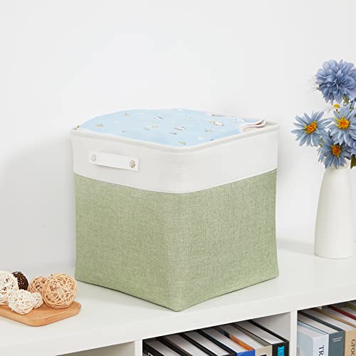 Bidtakay Storage Baskets for Clothes Set of 4 Large Linen Baskets for Organizing Storage Shelves Cubes Organizer 13 inch Storage Bins for Closet Shelves Home Nursery Toy Storage (White&Green)