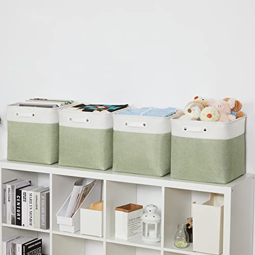 Bidtakay Storage Baskets for Clothes Set of 4 Large Linen Baskets for Organizing Storage Shelves Cubes Organizer 13 inch Storage Bins for Closet Shelves Home Nursery Toy Storage (White&Green)