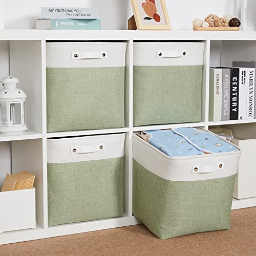 Bidtakay Storage Baskets for Clothes Set of 4 Large Linen Baskets for Organizing Storage Shelves Cubes Organizer 13 inch Storage Bins for Closet Shelves Home Nursery Toy Storage (White&Green)