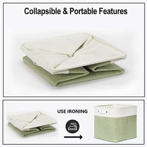 Bidtakay Storage Baskets for Clothes Set of 4 Large Linen Baskets for Organizing Storage Shelves Cubes Organizer 13 inch Storage Bins for Closet Shelves Home Nursery Toy Storage (White&Green)