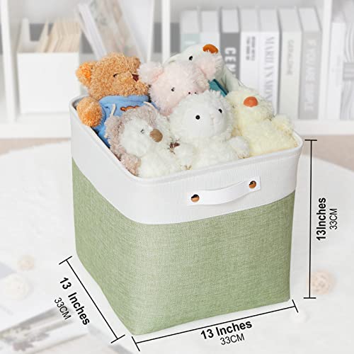 Bidtakay Storage Baskets for Clothes Set of 4 Large Linen Baskets for Organizing Storage Shelves Cubes Organizer 13 inch Storage Bins for Closet Shelves Home Nursery Toy Storage (White&Green)