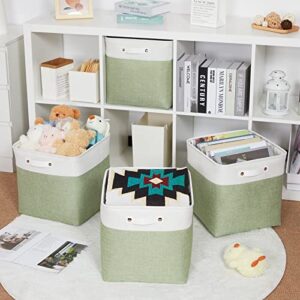 Bidtakay Storage Baskets for Clothes Set of 4 Large Linen Baskets for Organizing Storage Shelves Cubes Organizer 13 inch Storage Bins for Closet Shelves Home Nursery Toy Storage (White&Green)