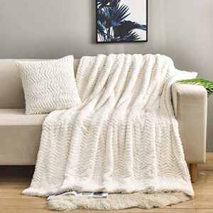 yusoki luxury double sided faux fur throw blanket(without pillows),soft fuzzy fluffy cozy blanket plush furry comfy warm blanket for couch bed chair sofa bedroom women teen girls gift(ivory,50″ x 63″)