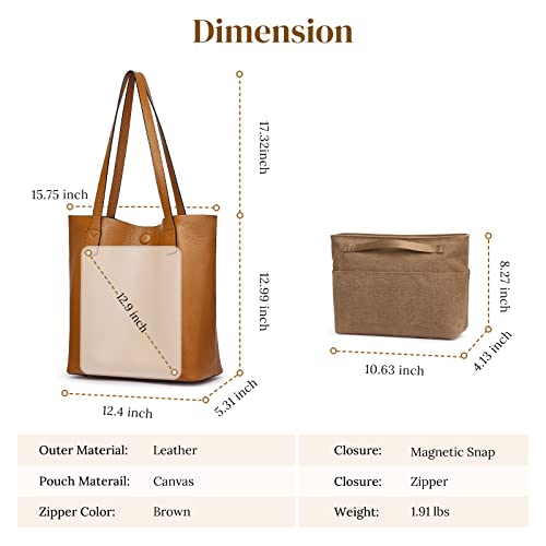 S-ZONE Genuine Leather Tote Bag for Women Soft Shoulder Handbag Ladies Purse with Canvas Pouch